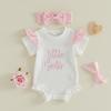 Citgeett Summer Infant Baby Girl Waffle Outfit Letter Embroidered Ruffle Trim Short Sleeve Bodysuit Bow Headband Set Clothes