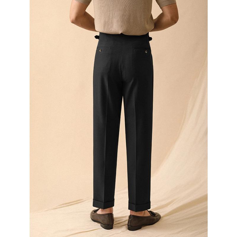 Men's Elegant Italian Neapolitan High Waist Wide Leg Pants with Tucks and Buttons Business Casual Style