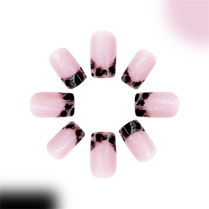 French Leopard Print Press On Nail Square Coffin Nail Medium Designs Full Cover Artificial Nail Stick on Nail 24Pcs