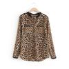 Women Leopard Print Long Sleeve Chiffon Loose Shirt Pockets Button Down Top