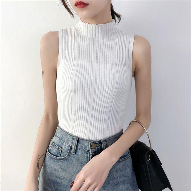 

Turtleneck Wide - Ribbed Knitted Vest Women s Summer Hong Kong - Style Retro Chic Sleeveless Top Base Layer S білий