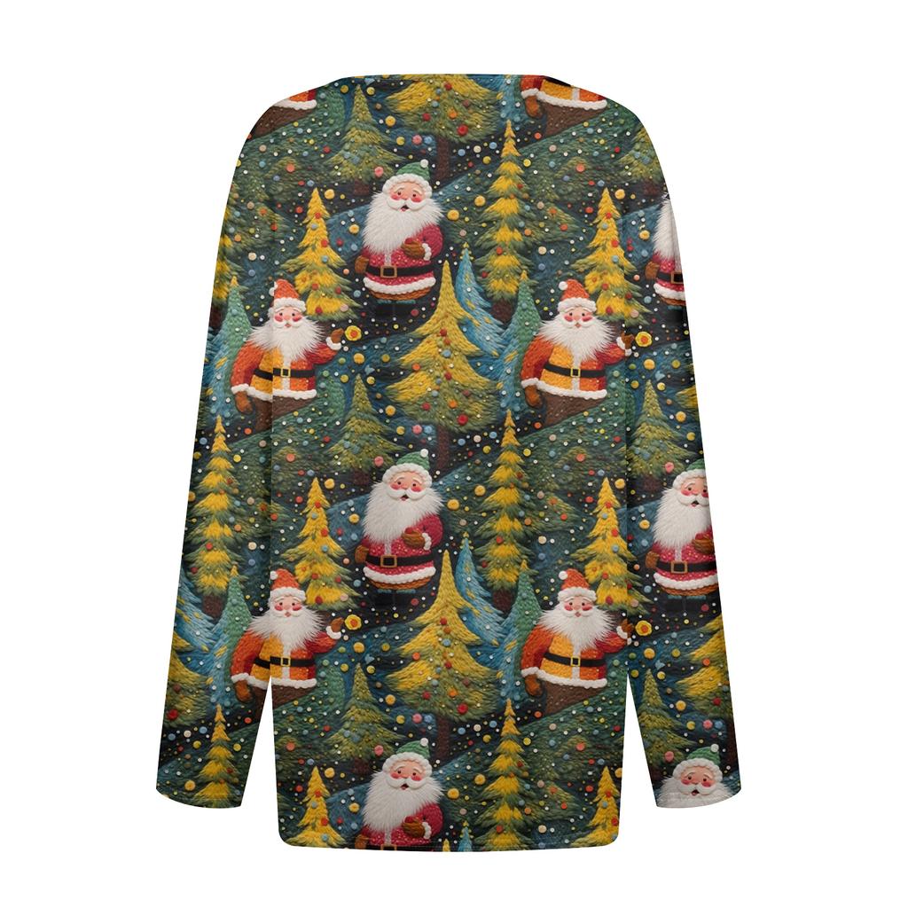Women's Fashion Casual V-Neck Button-Up Long-Sleeve T-Shirt With Christmas Print Top