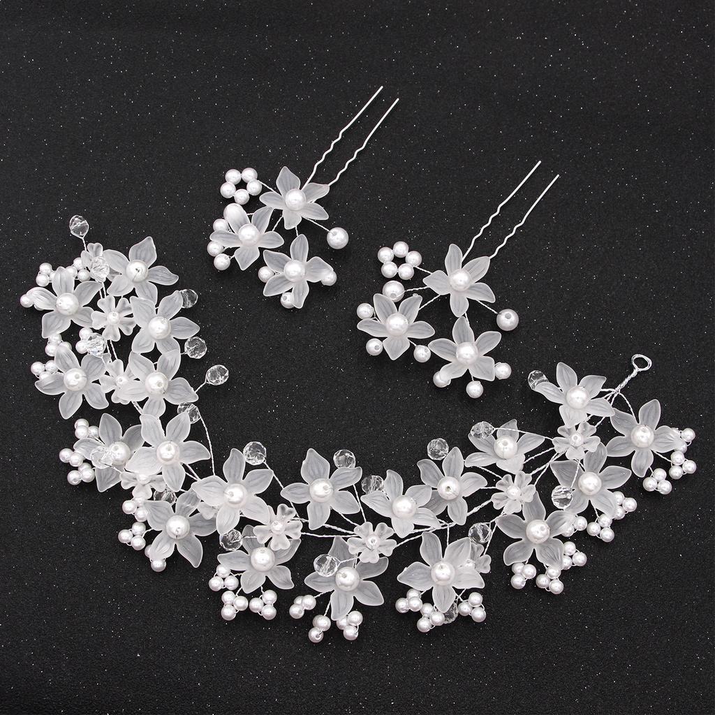 Europe and America Cross Border White Acrylic Frosted Flower Handmade Pearl Flexible Chain Hair Accessories Headdress Hairpin