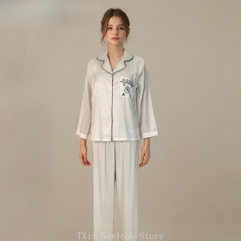 

Нежный и прохладный шелковый пижамный женский костюм с длинными рукавами, черно-белый, камелия, весна, свободный женский XL белый