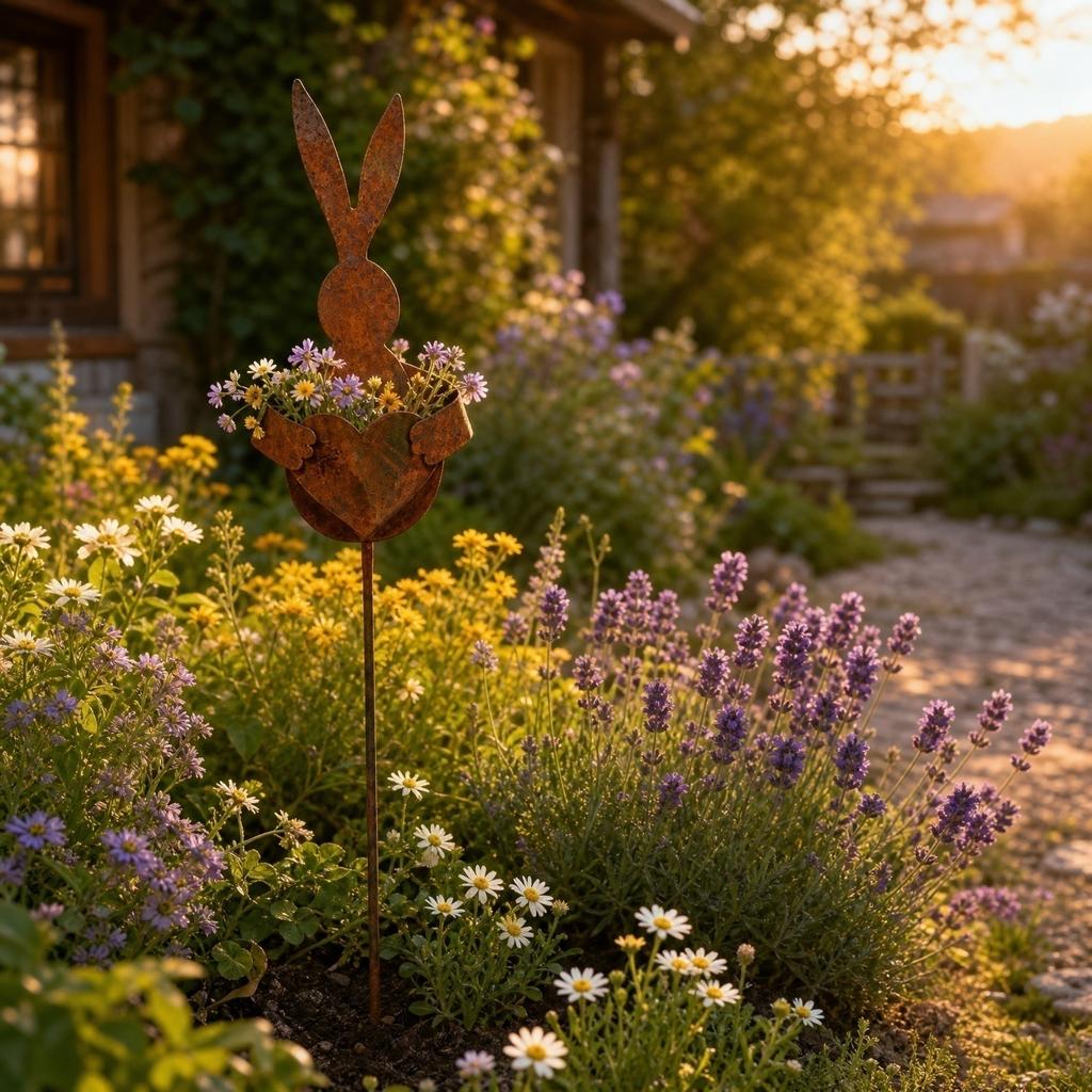 Vintage Style Rusted Metal Rabbit Garden Stake with Heart-Shaped Planter Decoration for Outdoor Lawn Patio Yard Use