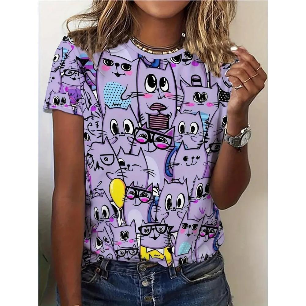 Schäferhund Katze T-Shirts Tier Muster 3D Druck Damen O-Ausschnitt Kurzarm T-Shirt Street Y2k Harajuku T-Shirts Tops Damenbekleidung