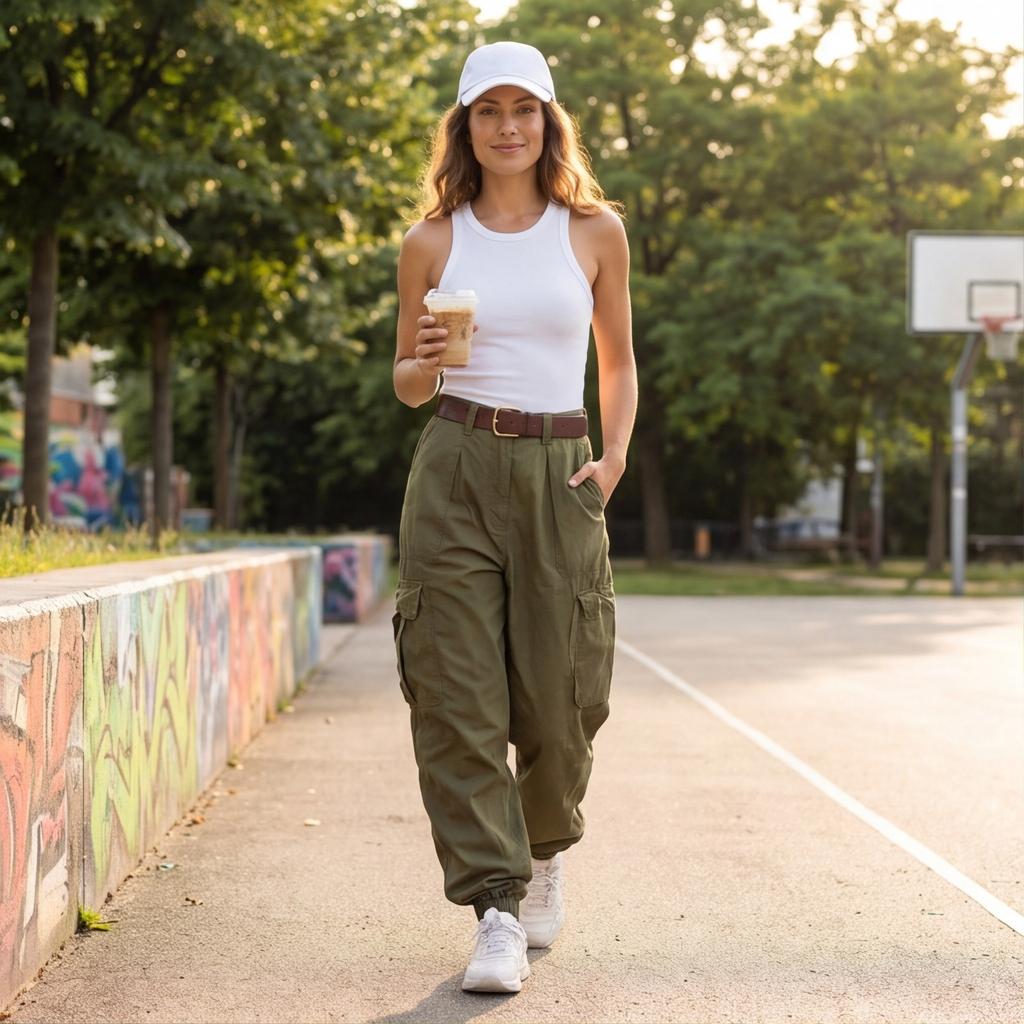 Pantaloni Cargo a Vita Alta da Donna Vestibilità Larga Pantaloni Casual con Tasche Fondo con Coulisse Stile Rilassato