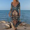 Dresses For Womens Vintage Print Tunic Waisted Midi Dress Summer Casual 3/4 Sleeve Dress