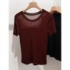 Damen Transparentes Netz-Kurzarm-T-Shirt Schmale Passform Rundhalsausschnitt Halbtransparentes Basic-T-Shirt Top