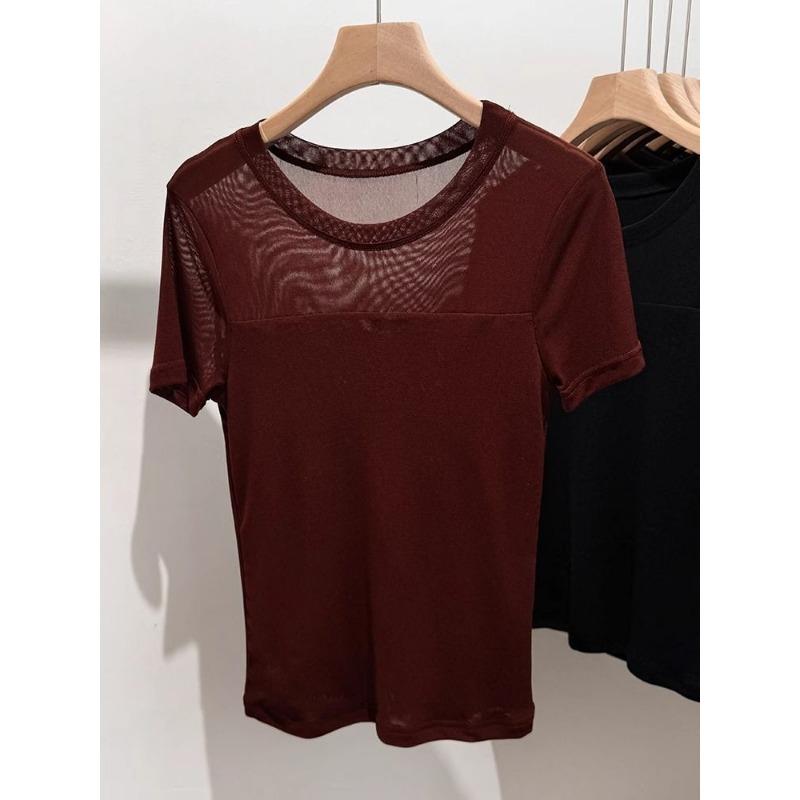 Damen Transparentes Netz-Kurzarm-T-Shirt Schmale Passform Rundhalsausschnitt Halbtransparentes Basic-T-Shirt Top