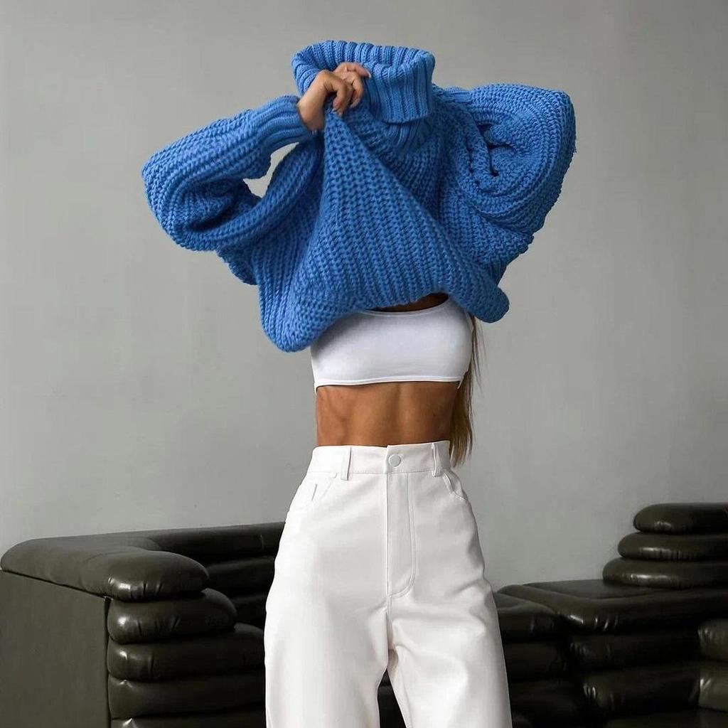 Autumn Winter Vintage Loose Long Sleeve Top Solid Color Pullover Knitwear Stand Collar Sweater