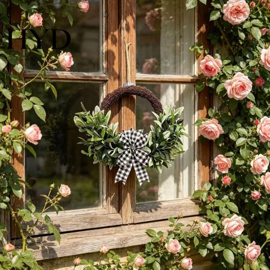 Hanging Door Wreath Artificial Lamb Ear Faux Greenery Leaves Rattan with Striped Year-round Decoration Bow Spring Farmhouse Decor for Front