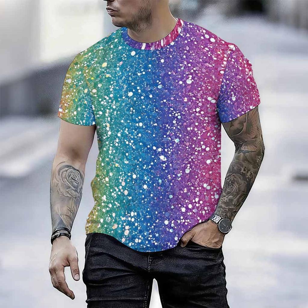 Women Short Sleeve Crew Neck T Shirt Black Gold White Gradient Glitter Dot Falling Sparkle Print Top