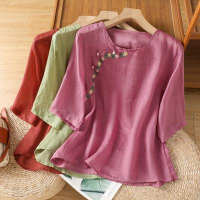 Retro Chinese Style Embroidered Cotton Linen Shirt Women Summer Bead Button Slanted Top New Mid-sleeves