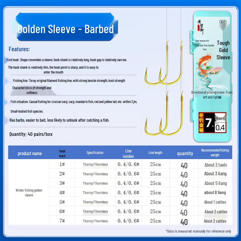 40-Piece Winter Fishing Set: Thin Leader Line with Double Hooks, Gold Sleeve, Barbed & Unbarbed for Crucian Carp