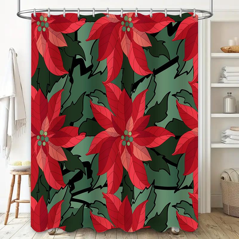 Red Flower Print Shower Curtain Waterproof Bathroom Decor Home Decoration Customizable Size for Bathtub or Tiled Wall Hanging