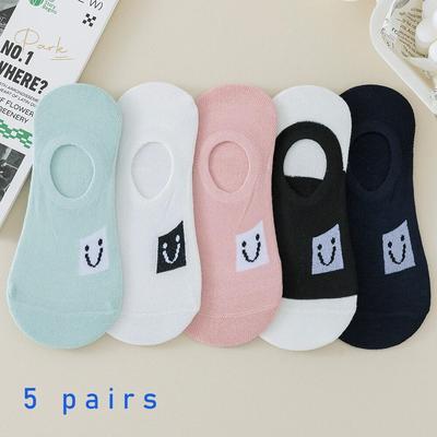 5 pares de calcetines invisibles para MUJER, calcetines tobilleros antideslizantes con letras de caras sonrientes, calcetines náuticos finos informales y transpirables