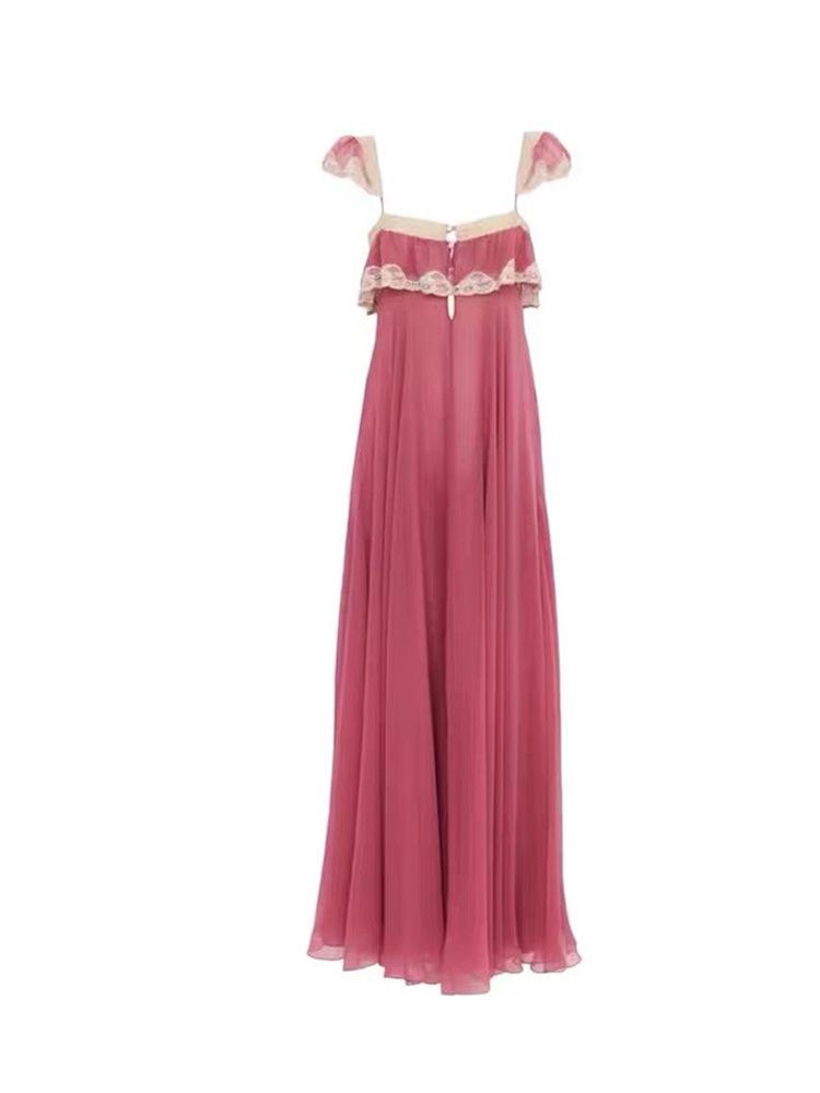 In Stock: 2026 New Yi Mengling Pink Chiffon Lace Floral Trim Camisole Dress - Women's Sexy Summer Long Dress