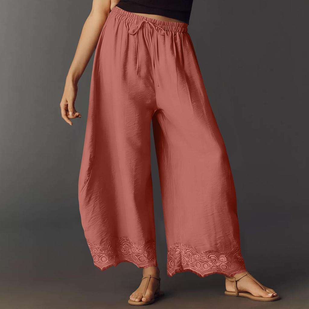 Women Casual Wide Leg Pants Elastic Waistband Drawstring Waist Patchwork Lace Hem Loose Fit Palazzo Trousers for Everyday Wear