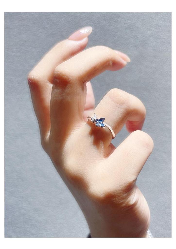 S925 Sterling Silver Blue Butterfly Open Ring: Women's Fashionable High-End Index Finger Accessory