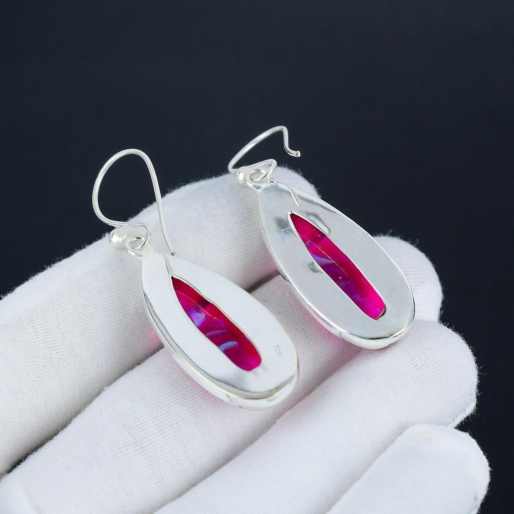 Dainty Pink Triplet Fire Opal Gemstone Earrings, 925 Sterling Silver Earring, Handmade Boho Silver Jewelry Dangle Earrings, Birthday Gift