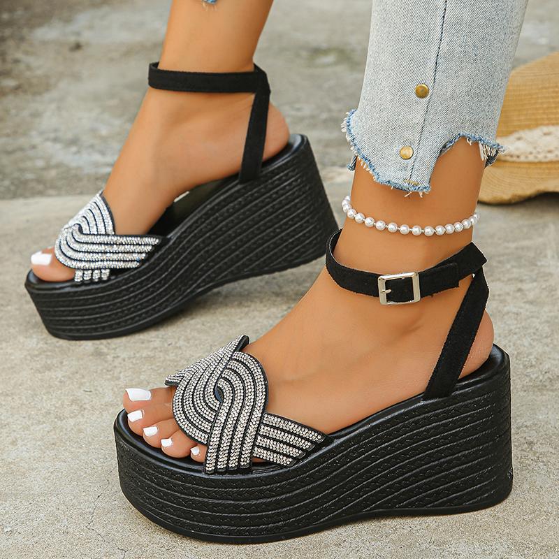 Fashion Women's Fashion Rhinestone Platform Sandals Black Ankle Strap Wedge Heel Sandals Woman Summer Thick Bottom Non Slip Beach Shoes