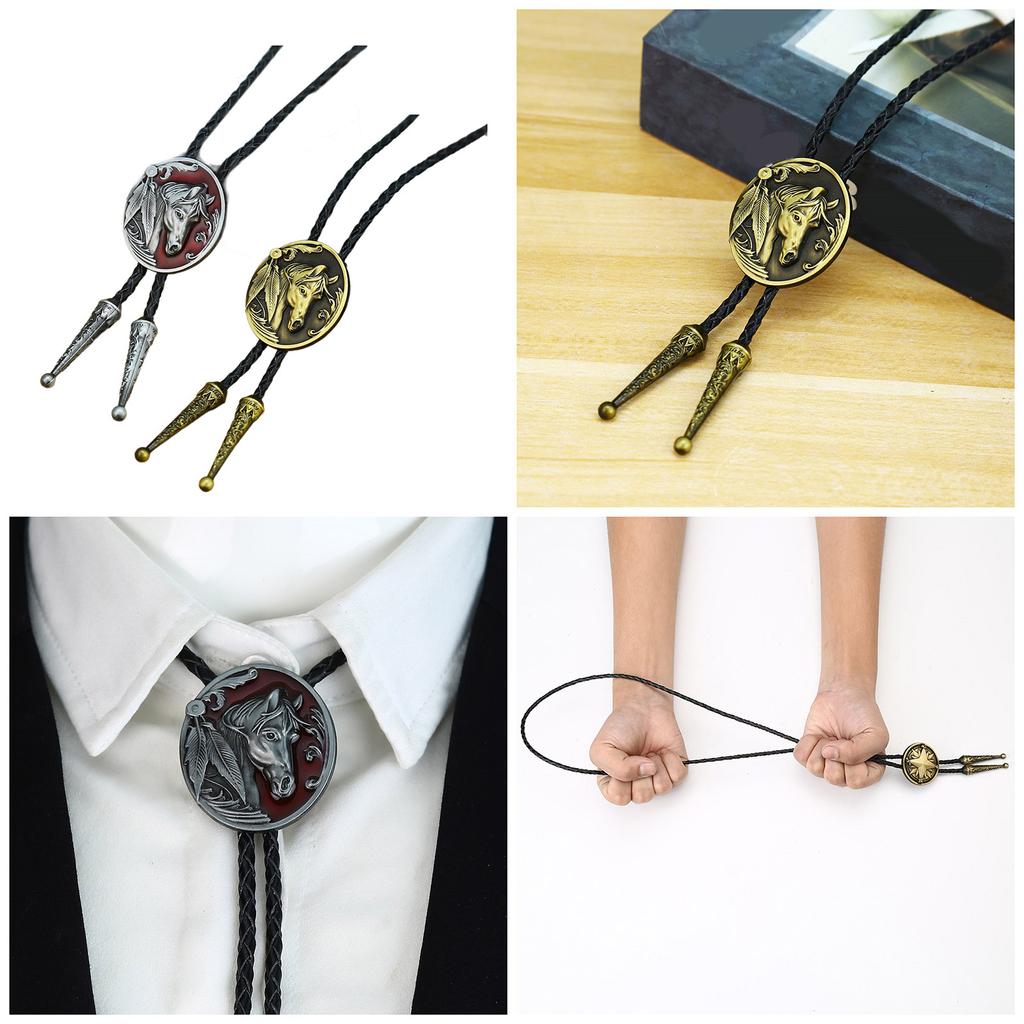 Mens Vintage Metal Horse Head Cowboy Hat Bolo Tie Western Punk Faux Leather Rope Necktie Jewelry Shirt Chain Necklace