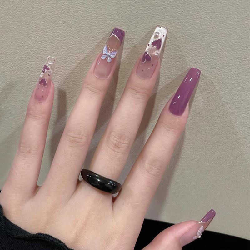 

Высококачественные накладные ногти ручной работы с фиолетовым кошачьим глазом и французским кончиком Handmade Nails M Size #10 pieces/bag