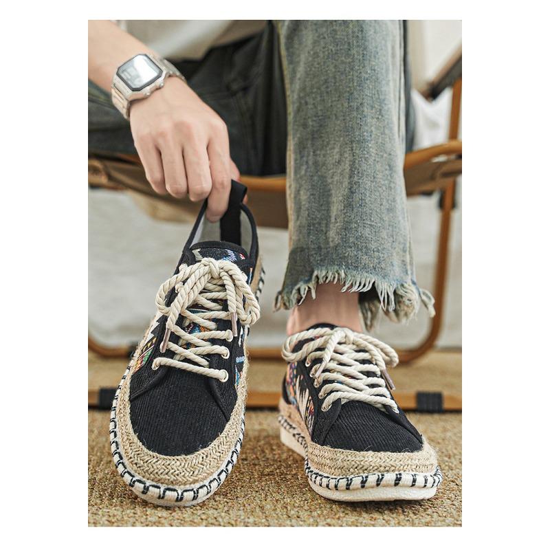 Men's Ethnic Print Espadrille Sneakers Lace-up Canvas Shoes with Woven Jute Sole for Casual Wear