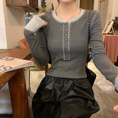 2 * 2 Thread 260g 2025 Autumn New Slim-fit Contrasting Color Button-neck Bottoming Shirt Top Women Ins