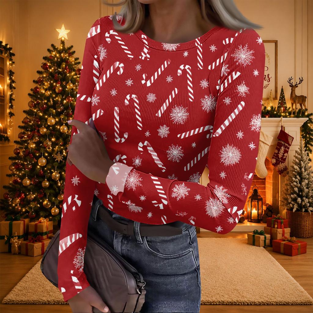 Women's Christmas Print Long Sleeve Round Neck Ribbed Knit Top