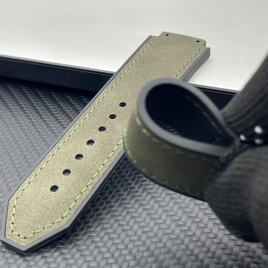 [HEZKUGU] Rubber Sole and Matte Genuine Cowhide Leather Watch Band Compatible with Hublot Watches, 25 X 19 Mm, Unisex (Green)