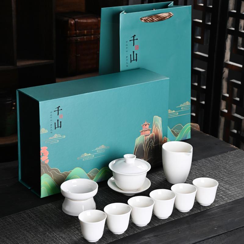 Dehua Suet Jade Porcelain Kung Fu Tea Set Gift Box, Thousands of Miles of Jiangshan, the Whole Set of Activities Accompanied by Hand Gifts