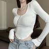 Chic U-Neck Irregular Hem Slim Fit Long-Sleeve T-Shirt