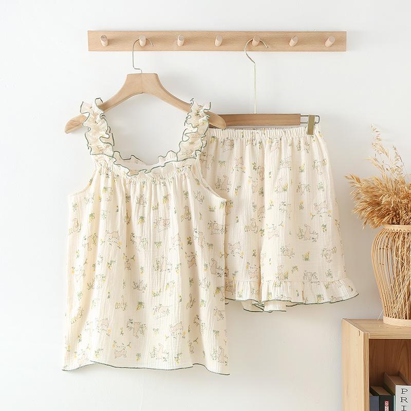 Summer sweet pajamas suspenders short-sleeved shorts summer women's thin loose and wearable loungewear suit