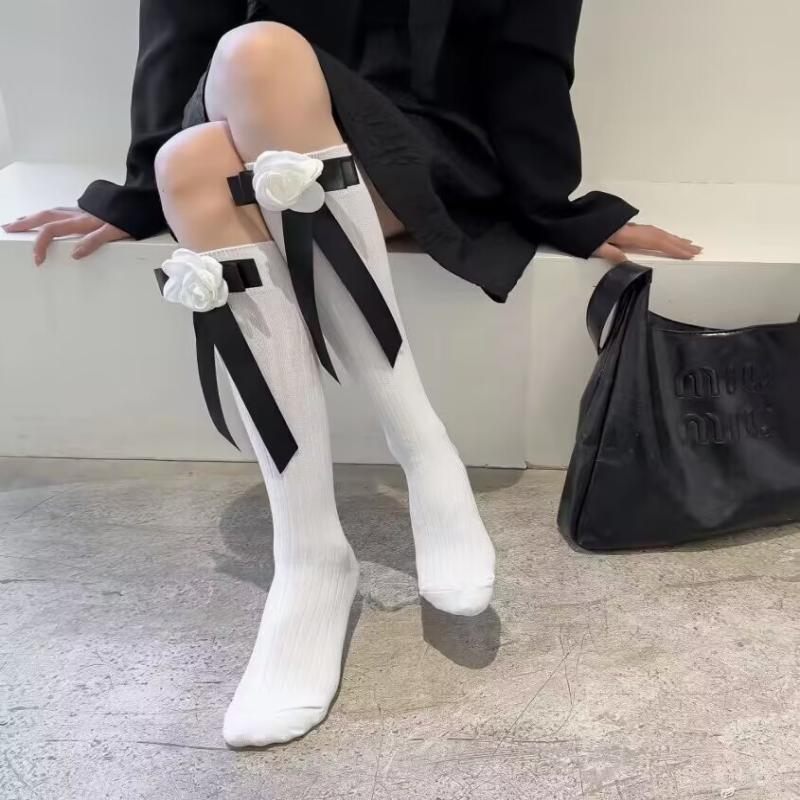 Lolita Jk Schleife Mittelhohe Socken 3D Kamelienblume Krawatten-Socken Ballett Sommer Dünne Schwarz-Weiß Socke Y2K Partykleider Socken