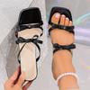 Women's New Square Toe Bowknot Low Block Heel Slides - Plus Size Open Toe Thin Strap Single Band Outdoor Sandals