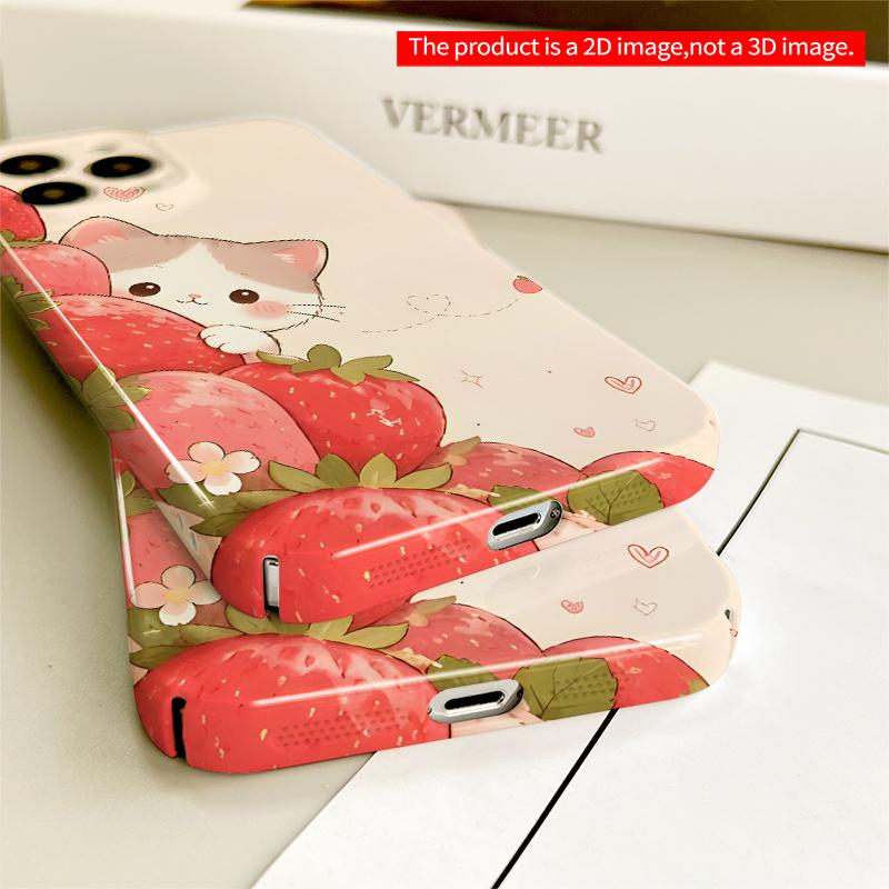 2DFlat Strawberry Cat Peek-A-Boo Phone Case All inclusive film hard iPhone case, compatible with iPhone 18 Pro Max 17 16 15 14 13 12 11