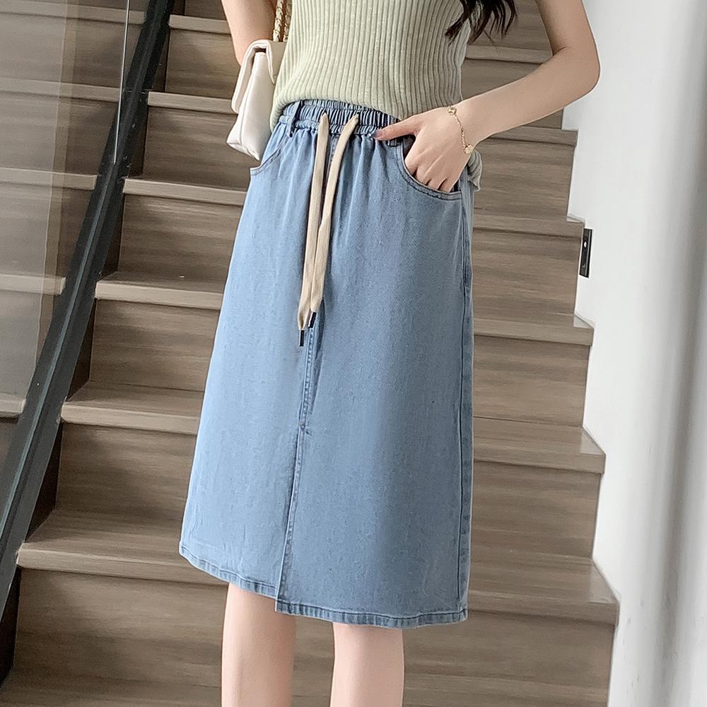 DIMANAF 2025 Plus Size Summer Denim Skirts Women Thin Elastic Casual Fashion A-Line Jeans Skirt High Waist