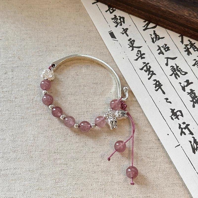 High-End Chinese Style Strawberry Crystal & Cat's Eye Beaded Bracelet for Hanfu