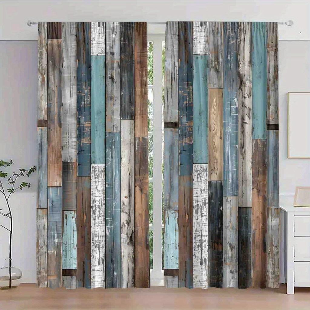 2 Sets of Vintage Artificial Wood Printed Filter Curtains-polyester   Pole Bag Hanging   Home Decoration   Multiple Sizes Available