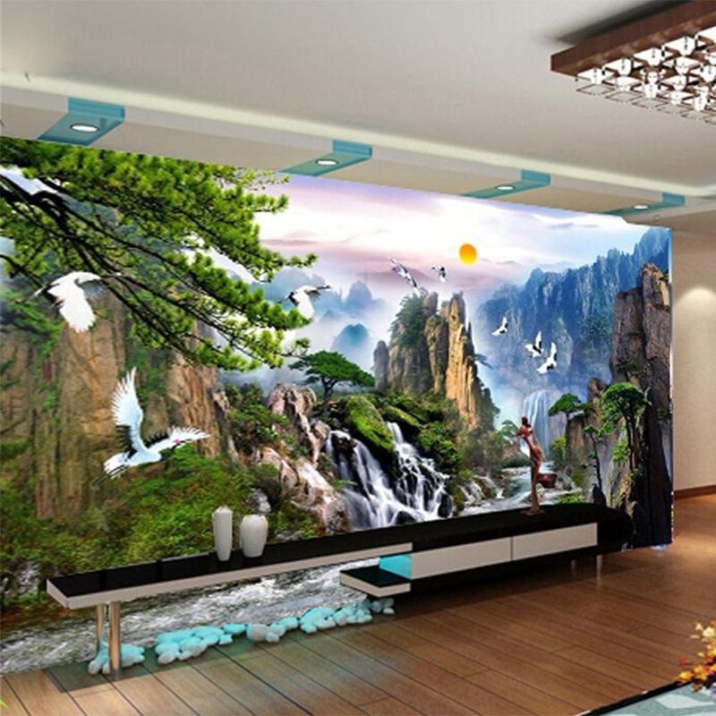 3D Wallpaper Landscape Paintings Wall Mural Sunrise Mountain Waterfalls Red-crowned Crane Wall Paper Living Room Home Decor Mural