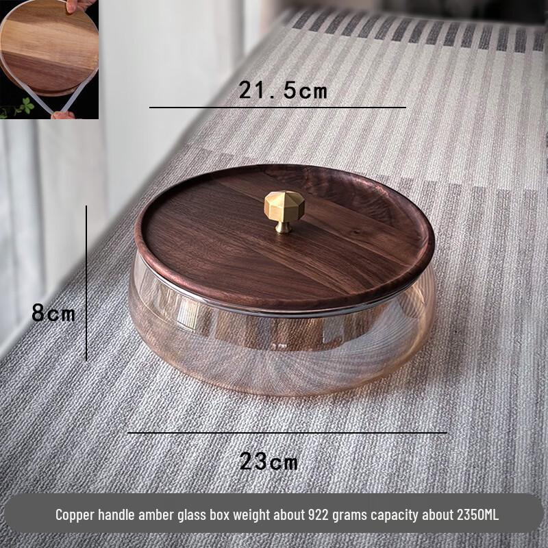 Glass Candy and Nut Storage Dish with Handle Black Walnut Wood Copper Handle ~ Amber