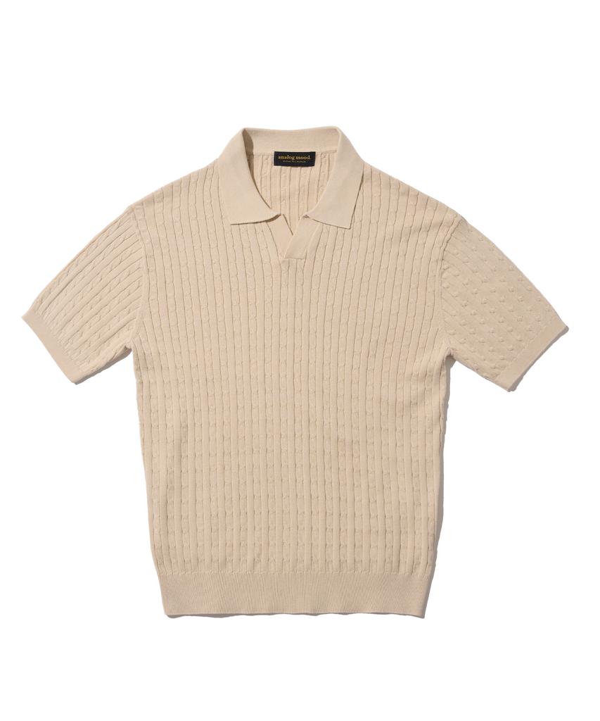 ANALOG MOOD Cable Open Collar Short Sleeve Knit (Beige)