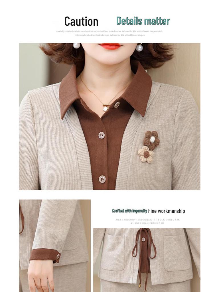 Hengyuanxiang Women's Two-Piece Spring & Autumn Fashion Set 2025 - Stylish Top for Middle-Aged and Elderly