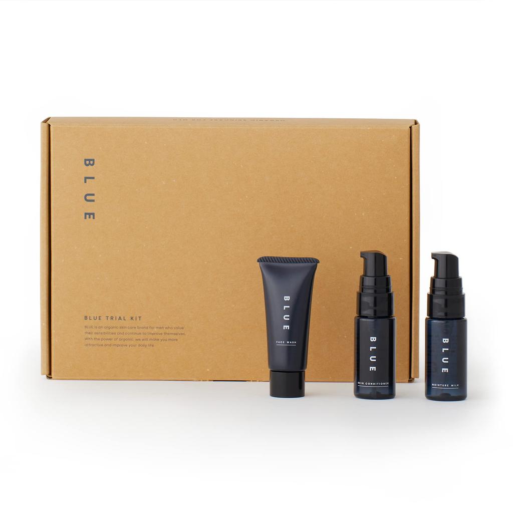BLUE skin care set with face and emulsion kit for skin organic for men with dry or sensitive and pore BLUE TRIAL KIT (Blue) 1-week wash, lotion,