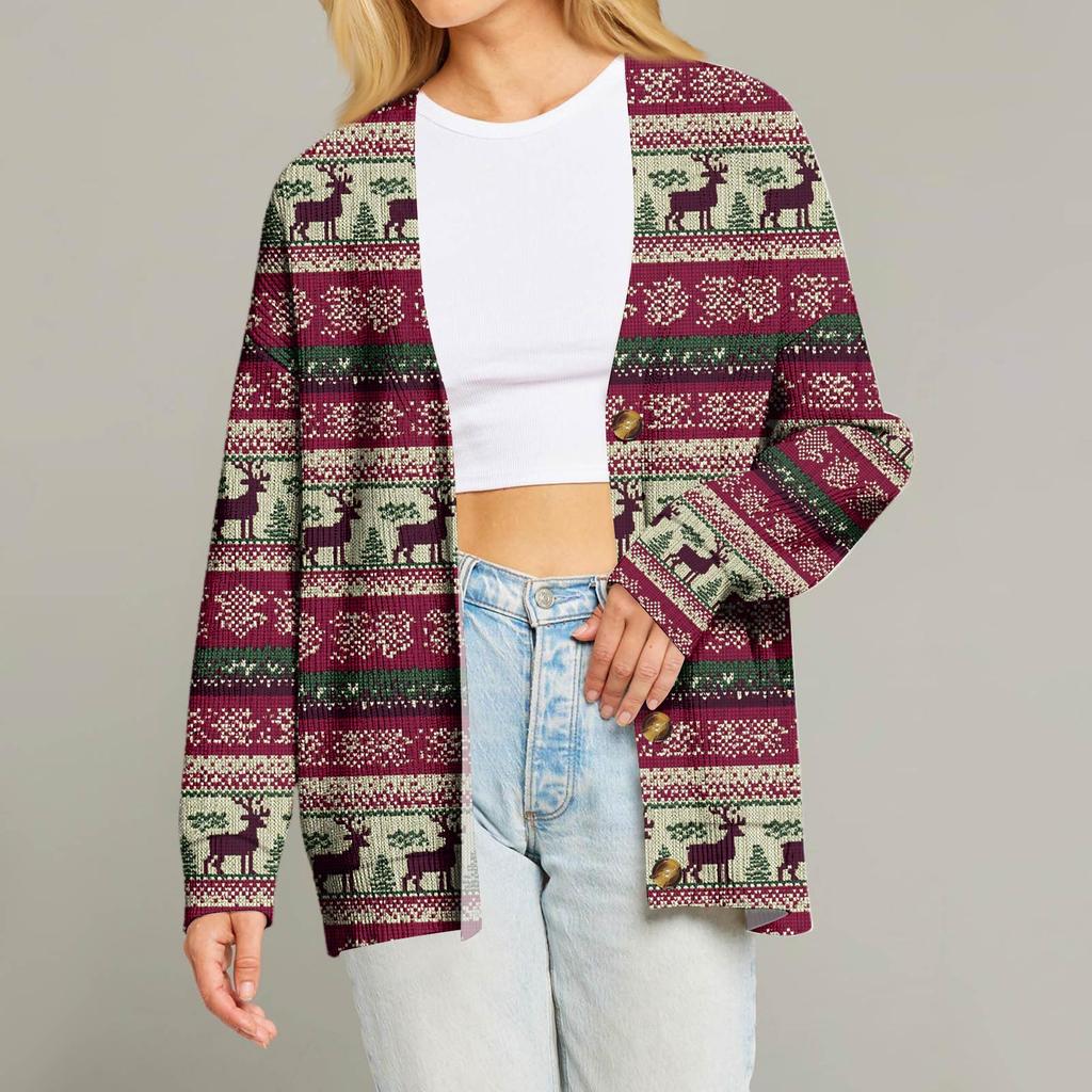 Women's Fashion Long Sleeve Christmas Print V-Neck Button Loose Cardigan Top