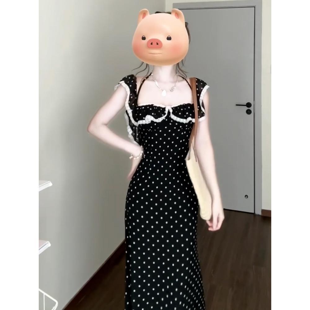 New Square Neck Lace Ruffle Edge Polka Dot Dress Children's New Summer Backless Waist Dress