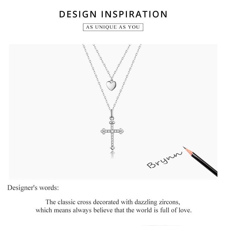 Bamoer 925 Sterling Silver Cross with Heart Plated Platinum CZ Pendant Necklace for Women Chain Necklaces Jewelry