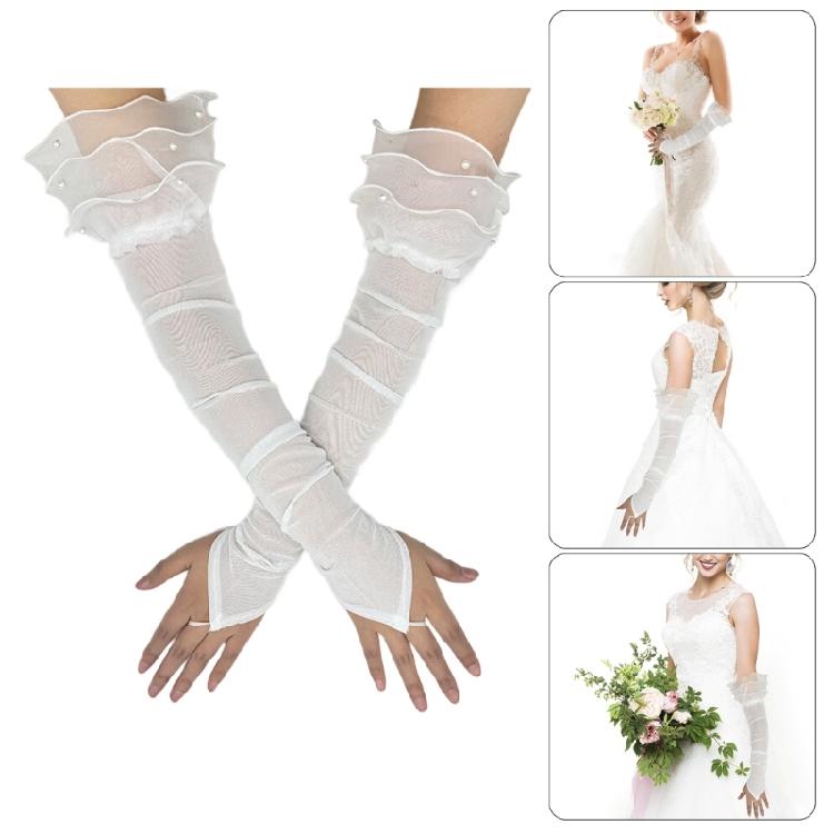 Antique 1920s Theme Party Long Fingerless Gloves with Bead Decors Sheer Gloves for Weddings Flapper Costume Accessory